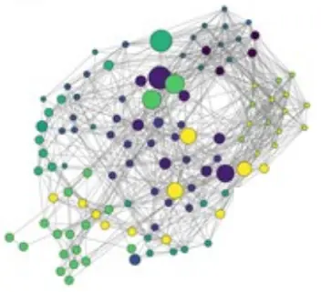 Mouse brain connectivity network from Figure 4d, with nodes coloured by community and sized by versatility.